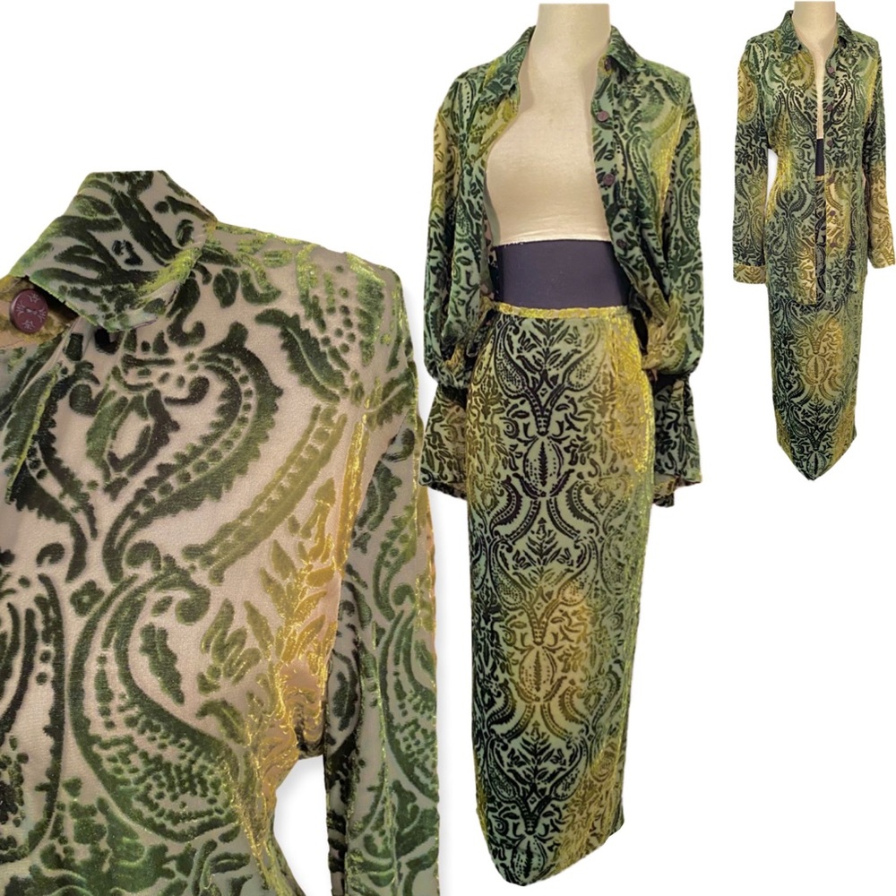 Vintage 1990s Velvet On Silk Maxi Skirt and Blouse,